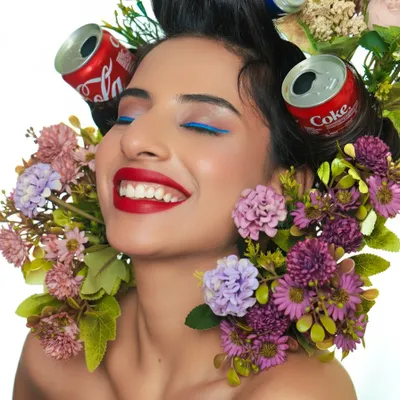 A moment of pure joy in our creative Coke can shoot. This shot captures a beautiful smile, framed by the quirky hair rollers and colorful flowers.