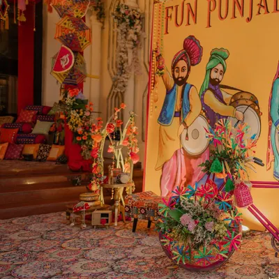 Welcome to a Fun Punjabi Night! I designed this entire space to capture the electrifying energy of Punjab, starting with this custom backdrop and colorful, festive decor that invites everyone to celebrate.
