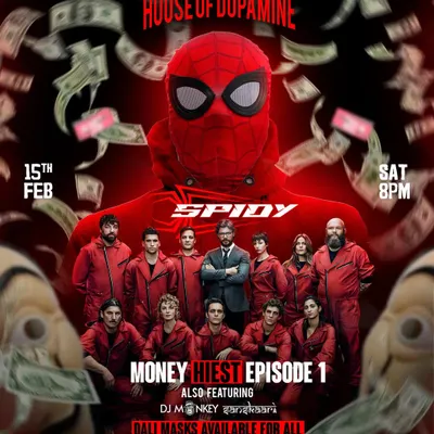The poster for our 'Money Heist' theme party at House of Dopamine. We had Dali masks for everyone and a custom photo booth to make it feel real.