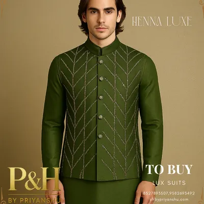 A standout piece from my Henna Luxe collection, this olive green kurta set is paired with a hand-embroidered Nehru jacket. The geometric pattern adds a contemporary edge to this traditional ensemble.