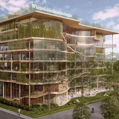 This render shows our competition proposal for a post-pandemic international headquarters. The design features a transparent, breathing facade with extensive vertical gardens and deep balconies, creating a healthy, biophilic office environment that connects employees with nature.