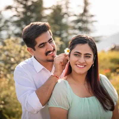 A sweet, candid moment as he gently places a daisy in her hair. The warm, golden light and genuine smiles make this a perfect portrait of simple love.