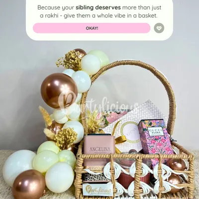 A gift should be an experience. This Rakhi, I designed custom hampers that are a whole vibe in a basket, combining thoughtful gifts with my signature balloon artistry to make your sibling feel truly special.