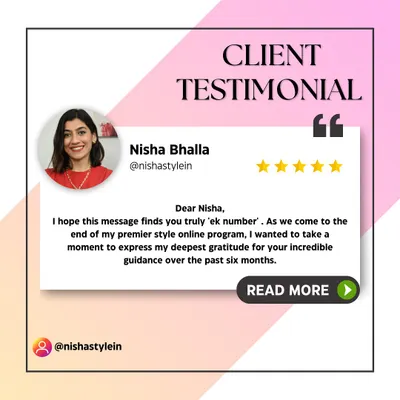 A testimonial from a client at the end of her six-month premier style program, expressing her gratitude for the guidance she received.