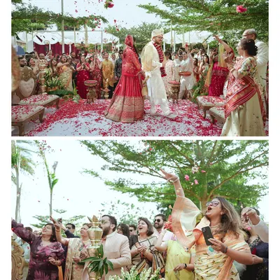 A beautiful outdoor wedding ceremony. The couple is showered with rose petals, creating a magical and romantic moment. We were so happy to be a part of their special day.