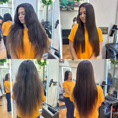 A complete before and after view of the Hair Botox transformation. You can see how the treatment tames frizz from every angle, resulting in straight, smooth hair that is much easier to manage daily.