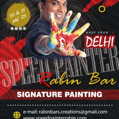 The poster for my show in Delhi, where I was scheduled to create 300 signature art pieces. It was a marathon of creativity.