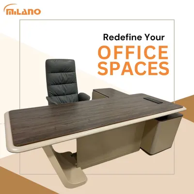 This modern L-shaped executive desk combines a spacious work surface with integrated storage. The dual-tone finish and clean lines are designed for a contemporary office environment, promoting efficiency and style.