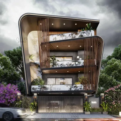 This New Delhi residence showcases a dynamic facade with curved forms and vertical wooden louvers. I used a combination of mild steel sections and bakelite panels to create a sense of movement and privacy while maintaining a strong modern aesthetic.