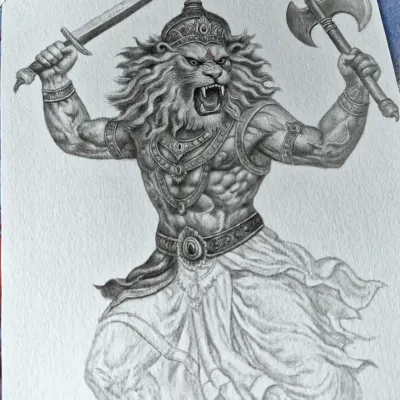 A fierce and powerful sketch of Mahavatar Narsimha. I use detailed shading to capture the muscular form and intense energy of the deity.