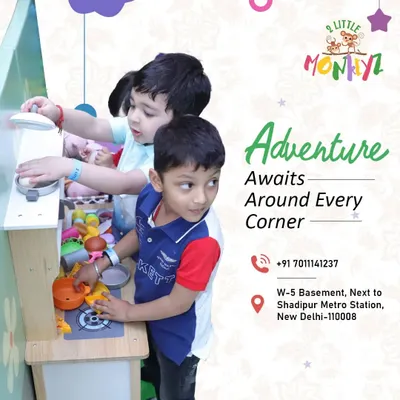 Adventure awaits around every corner, even for our littlest guests. Here, two young friends are engaged in imaginative play at our toy kitchen station, learning to share and create together in the toddler play area.