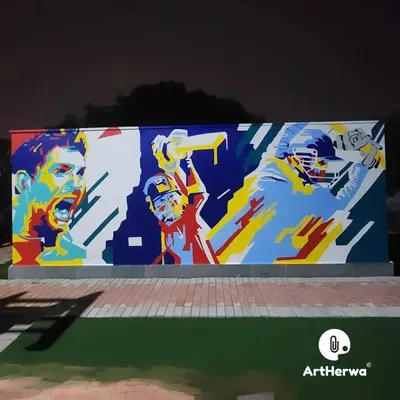 A vibrant, pop-art style mural celebrating the passion of cricket, painted in Faridabad. The artwork captures the intense emotion of the players in a blaze of color.