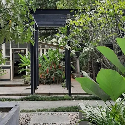 The entryway to this garden features a modern black pergola, which creates a sense of arrival and transition. The path is lined with a mix of stone and pebbles, surrounded by lush tropical foliage like Heliconia and Plumeria.