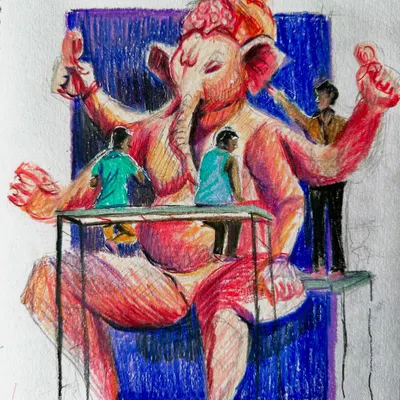 My colored pencil illustration capturing the artists as they give final touches to a giant Ganpati idol. This piece is a tribute to the creators and the devotion behind the festival.