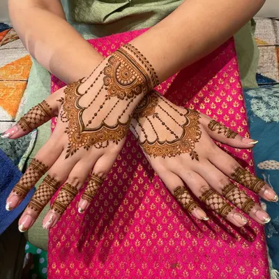 A beautiful example of minimal mehendi. This design features a delicate "hathphool" or hand harness pattern, which is both traditional and incredibly chic.