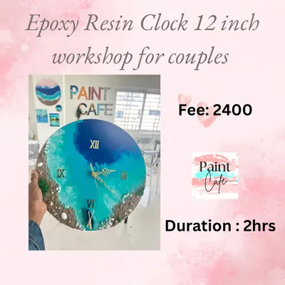 A promotional graphic for our 12-inch Epoxy Resin Clock workshop, a popular choice for couples.