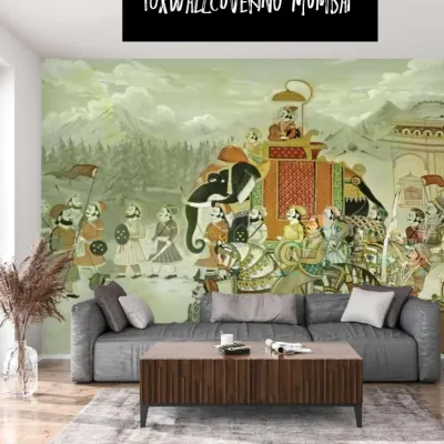 A vibrant Rajasthani procession mural, showcasing a royal elephant and courtiers. This detailed artwork is perfect for creating a statement wall that tells a story of Indian culture and history.