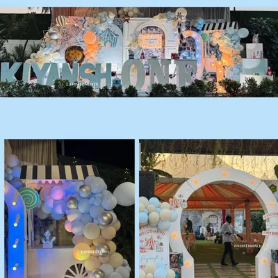 A collage of a pastel-colored carnival theme for Kiyansh's first birthday, showing the main stage, a detailed shot of a candy cart, and the grand entrance arch.