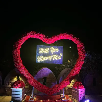 A breathtaking proposal setup featuring a massive heart-shaped arch made entirely of red roses. At the center, a "Will You Marry Me?" neon sign glows, creating an incredibly romantic and picture-perfect moment.