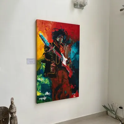 This 5x3 feet acrylic on canvas portrait of Jimi Hendrix captures his explosive energy through bold colors and expressive brushwork. It is a centerpiece of our music legends collection and is available for purchase.