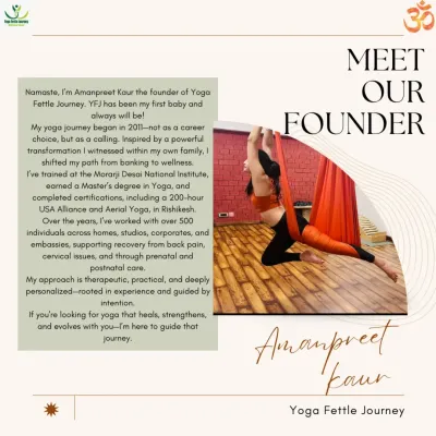 Namaste, I'm Amanpreet Kaur, the founder of Yoga Fettle Journey. My approach is therapeutic and practical, born from a personal calling to help people heal. With a Master's degree in Yoga and certifications in Aerial and Alliance Yoga, I have guided over 500 people to recover from pain and find strength.