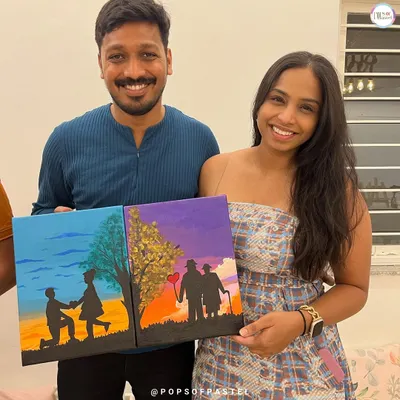 A picture-perfect anniversary celebration. This couple created a beautiful diptych painting that tells a story, from a proposal to growing old together.