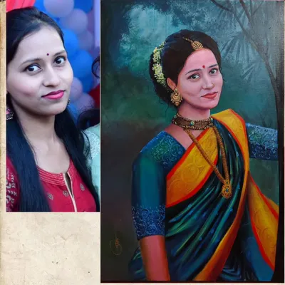 This side-by-side view shows the reference photograph next to my completed acrylic painting. My work is not to replicate, but to interpret and elevate the image into a piece of fine art, focusing on traditional attire and expression.