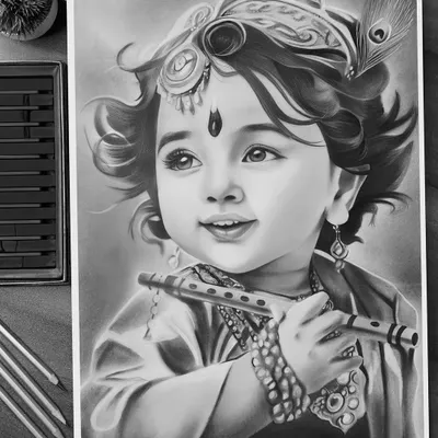 A hyper-realistic charcoal drawing of Bal Krishna holding his flute. This Janmashtami special piece shows the incredible detail and soft textures I can achieve with monochrome art.
