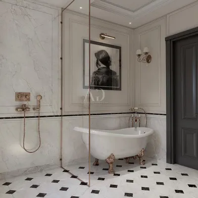 For this master bathroom, I incorporated elements of both classical and Parisian design. The freestanding clawfoot tub creates a one-of-a-kind bathing experience, set against a backdrop of elegant wall paneling and classic checkerboard flooring.