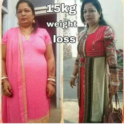 A powerful before-and-after image showing a 15kg weight loss transformation. This result was achieved through our online group yoga classes combined with a proper yogic diet plan.