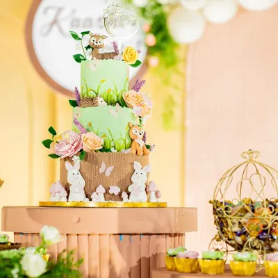 A beautiful woodland-themed cake with three tiers, decorated with adorable fondant animals like bunnies, a fox, and a deer, all nestled among flowers.