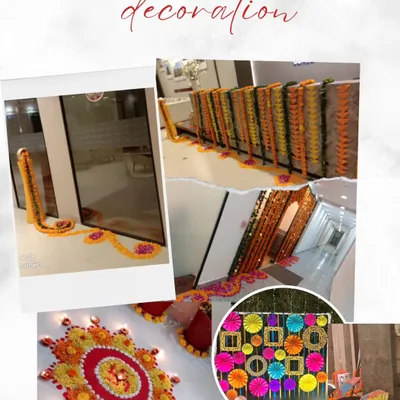 Getting ready for Diwali? We offer decoration services for offices, shops, and homes. This collage shows some of our work, including traditional marigold torans, floral rangolis, and colorful backdrops.