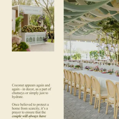 For the Sadhya lunch, coconut appeared in both the decor and the cuisine. Believed to protect a home from scarcity, its inclusion was a prayer that the couple will always have enough to share. This is how we weave meaning into every detail.
