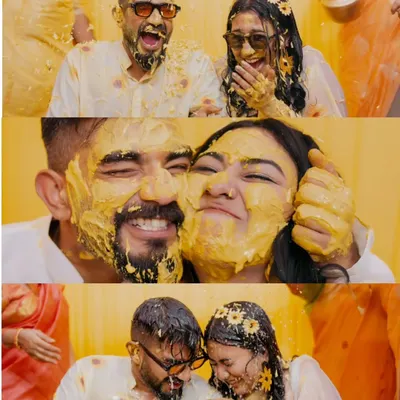 A collage of pure Haldi fun. From being smeared with turmeric to sharing a laugh, these three images perfectly capture the playful and messy joy of the event.