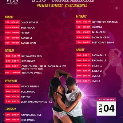 Here is our complete weekly class schedule for our Vasanthnagar location. We offer everything from Dance Fitness and Bollywood to Tango, Kizomba, Salsa, and specialized instructor training.