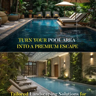 I design premium poolside escapes for both homes and commercial properties like hotels and resorts. This image shows two examples of how I blend lush plants, elegant loungers, and smart lighting to create a tailored, luxurious atmosphere.