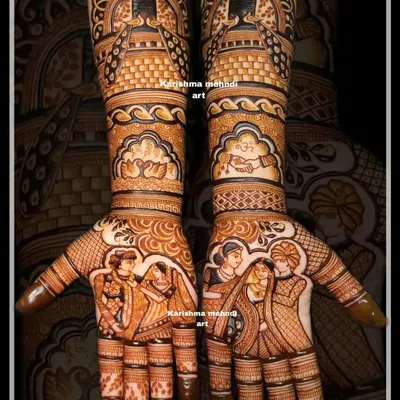 This bridal mehendi captures key wedding ceremonies in detailed figures. The design showcases the varmala exchange and sathphera ritual, with traditional peacock and palace motifs on the forearms completing the story.