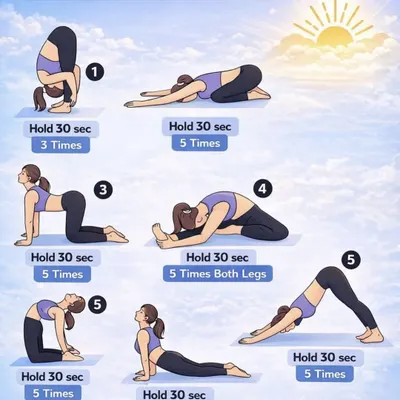 A perfect early morning yoga sequence to start your day. This visual guide includes gentle poses to hold for 30 seconds each, like forward bends and cobra.
