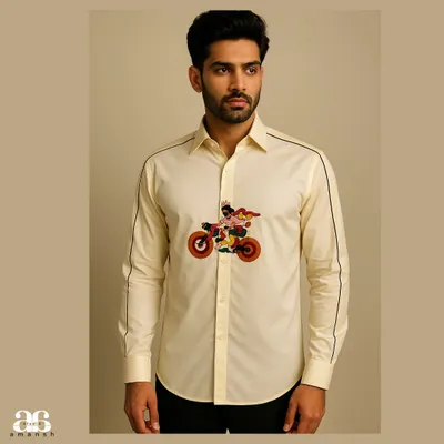 A full view of the custom cyclist shirt in a soft cream color. The colorful embroidery is perfectly placed for impact, while the black piping on the sleeves adds a sharp, modern contrast.