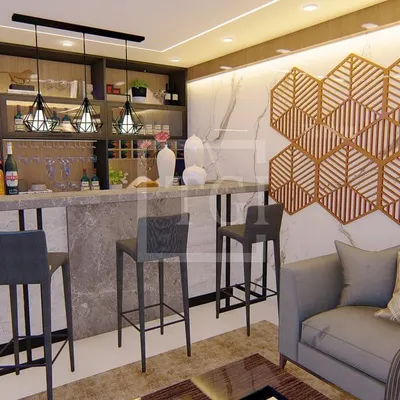 A 3D render of a custom home bar and lounge area. This design features a marble-top bar, stylish high-back chairs, ample shelving for glassware, and a geometric accent wall, creating the perfect spot for entertaining.