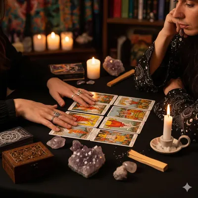 This is the space where we connect with the universe's energy. In each session, surrounded by the gentle light of candles and the grounding presence of crystals, we lay out the cards to reveal the story of your current path and illuminate the way forward.