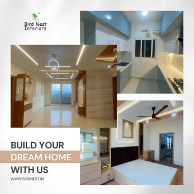 A collage showcasing our ability to deliver complete home interiors. This image features a modern living room, a sleek modular kitchen, and a comfortable bedroom from one of our projects.