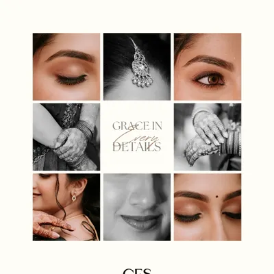 Grace in every detail. This elegant collage captures the essence of the bride's look through close-ups of her makeup, jewelry, and the gentle touch of a loved one's hand.