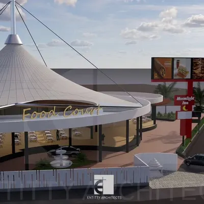 The primary 3D visualization of a food court designed for a 2.3-acre plot on the Igatpuri Highway. The tensile fabric roof serves as a striking architectural feature, making the destination easily recognizable to travelers.