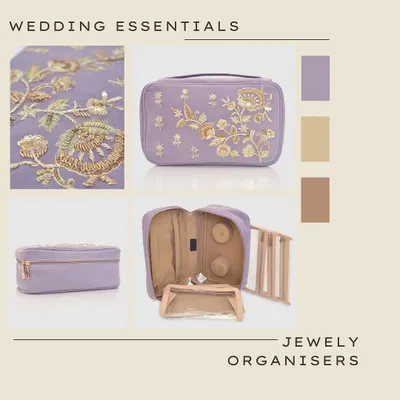 A perfect wedding essential for brides and bridesmaids. This is my jewellery organiser in a beautiful lavender velvet, featuring intricate golden floral embroidery and a well-structured interior to protect your precious items.