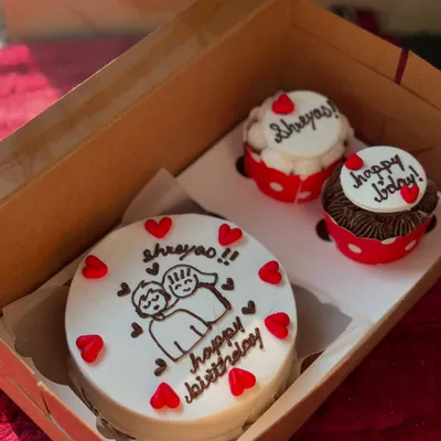 A sweet birthday gift set for a special someone. This combo includes a hand drawn couple on the bento cake and matching cupcakes with personalized names.