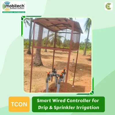 This is our TCON Smart Wired Controller setup for drip and sprinkler irrigation. The valves are protected by a sturdy metal cage to prevent damage from weather or animals.