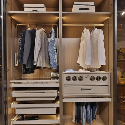 A look inside a perfectly organized wardrobe. This design features dedicated sections for hanging clothes, multiple pull-out drawers for folded items, and a specialized unit with circular displays, all illuminated by warm, integrated LED lighting.