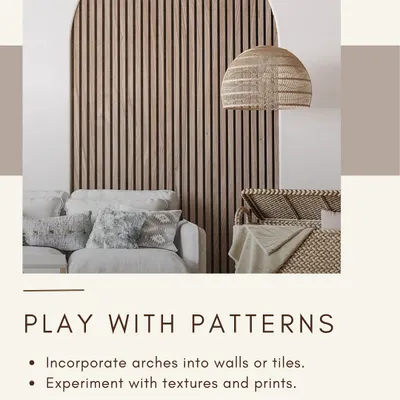 One way I add character to a space is by playing with patterns, like the fluted wood panel set within an arch. This design element adds texture and a point of interest, perfect for a feature wall in a cafe or boutique.