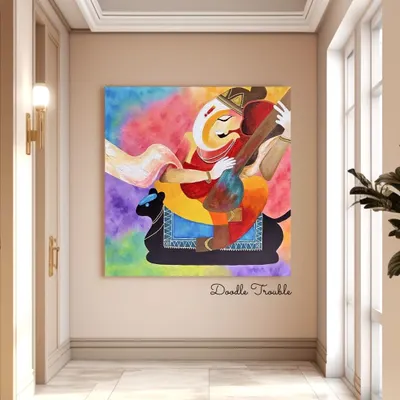 Here is another view of my colorful Ganesha painting, showing how it can brighten up a hallway or entryway. Its vibrant hues are meant to create a welcoming and blessed atmosphere in your home.